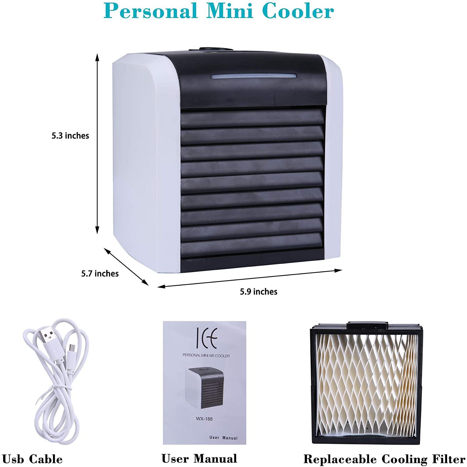 Portable Air Conditioner, USB Personal Mini Air Cooler for Home Office Bedroom with 2 Speeds, 7-Colors LED Light, Quiet, Adjustable Vane - Bosonshop