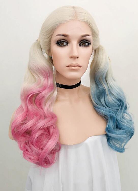 Wavy Blonde Harley Quinn Synthetic Pink Blue Ponytail Lace Front Wig - Bosonshop