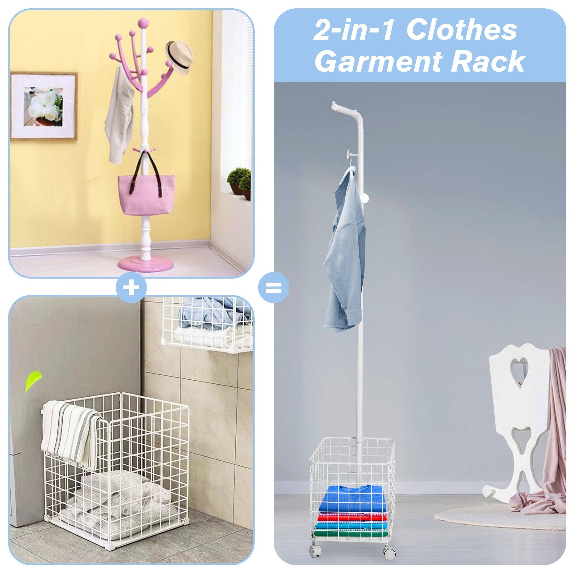 Laundry Cart Wire Basket with Rolling Clothes Garment  Rack, White