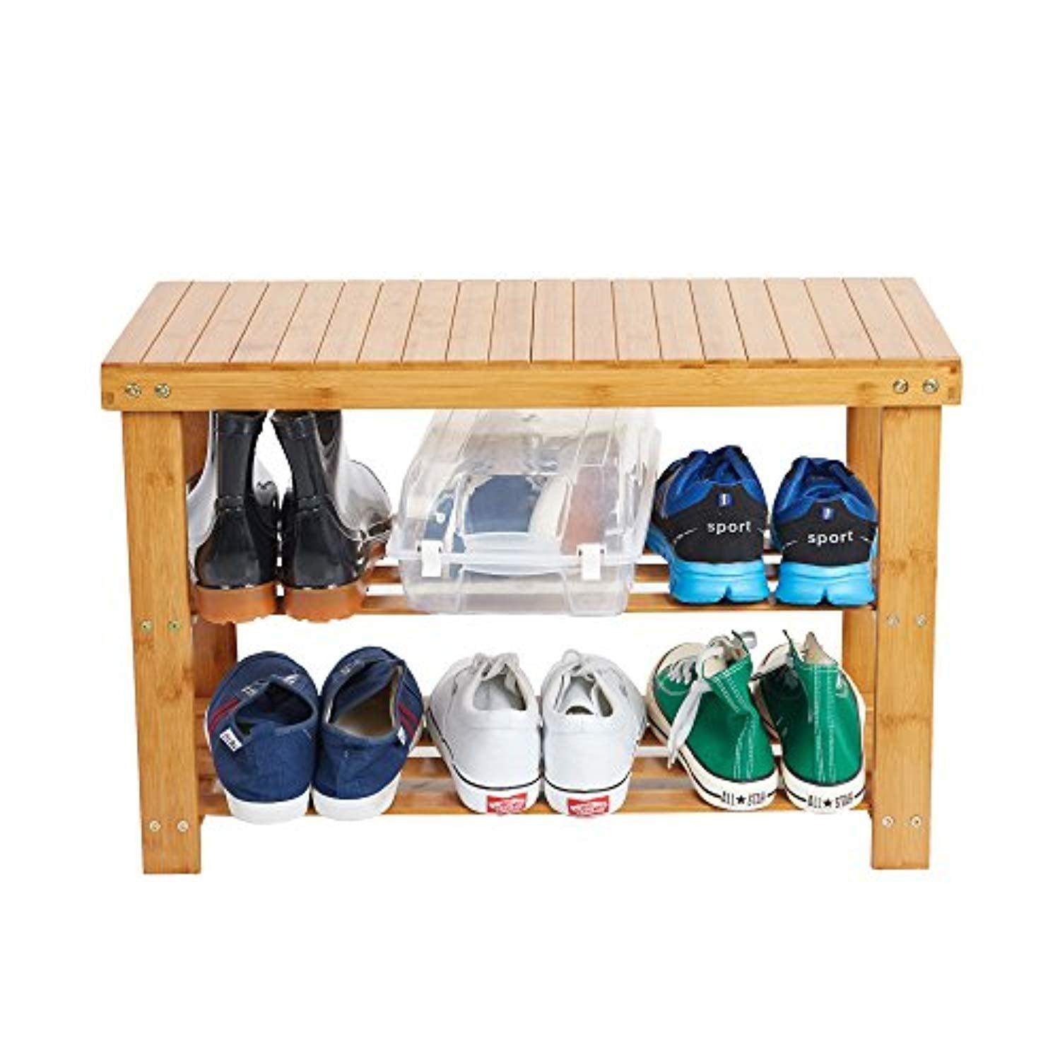 Bosonshop Bamboo Shoes Storage Rack 2-Tier Shoe Bench Seat for Entryway Shelf Organizer for Hallway