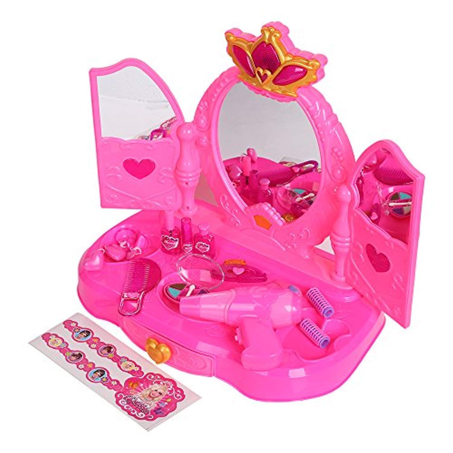 Bosonshop Pink Princess Pretend Play Dressing Table with Makeup Mirror,Music and Lights