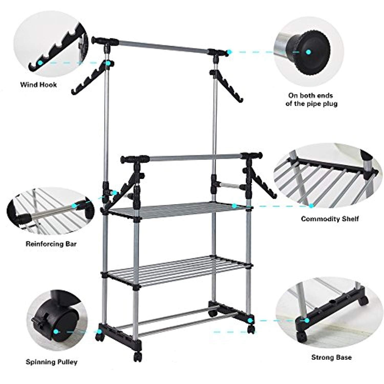 Bosonshop Folding Double Rails 3-Tier Clothes Rack with Shelf and Wheels