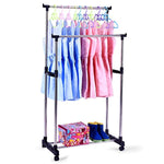 Bosonshop Portable Double Rods Rolling Clothes Rack for Clothes with Wheels