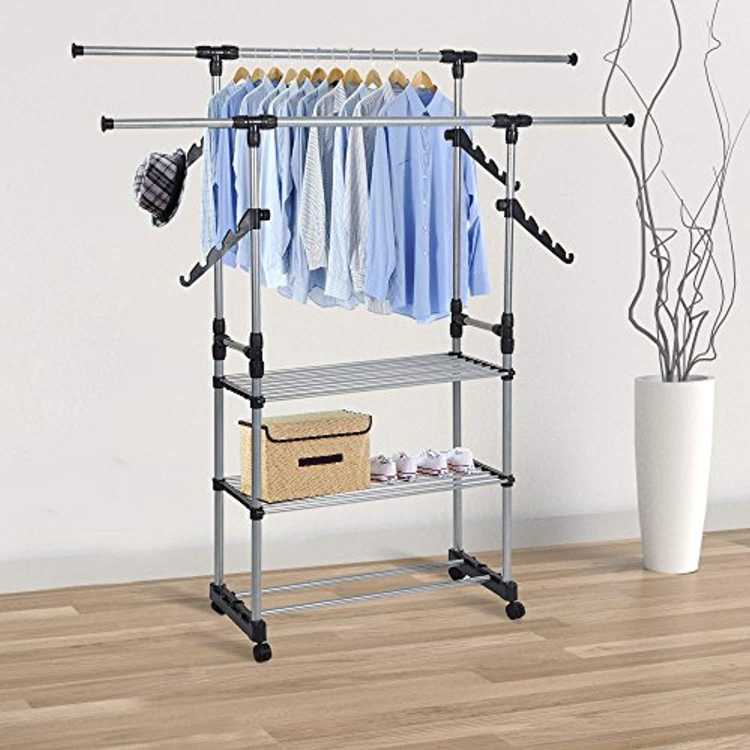 Bosonshop Folding Double Rails 3-Tier Clothes Rack with Shelf and Wheels