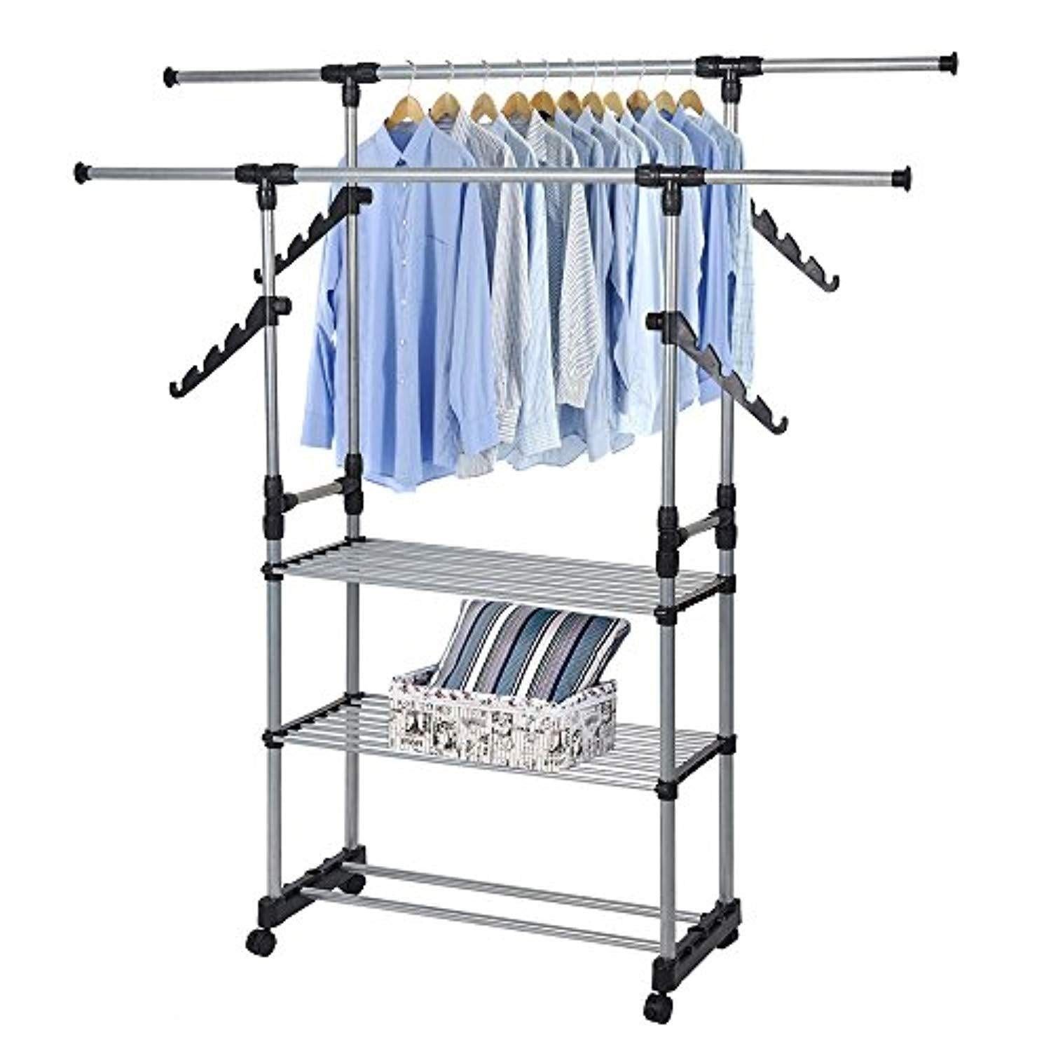 Bosonshop Folding Double Rails 3-Tier Clothes Rack with Shelf and Wheels