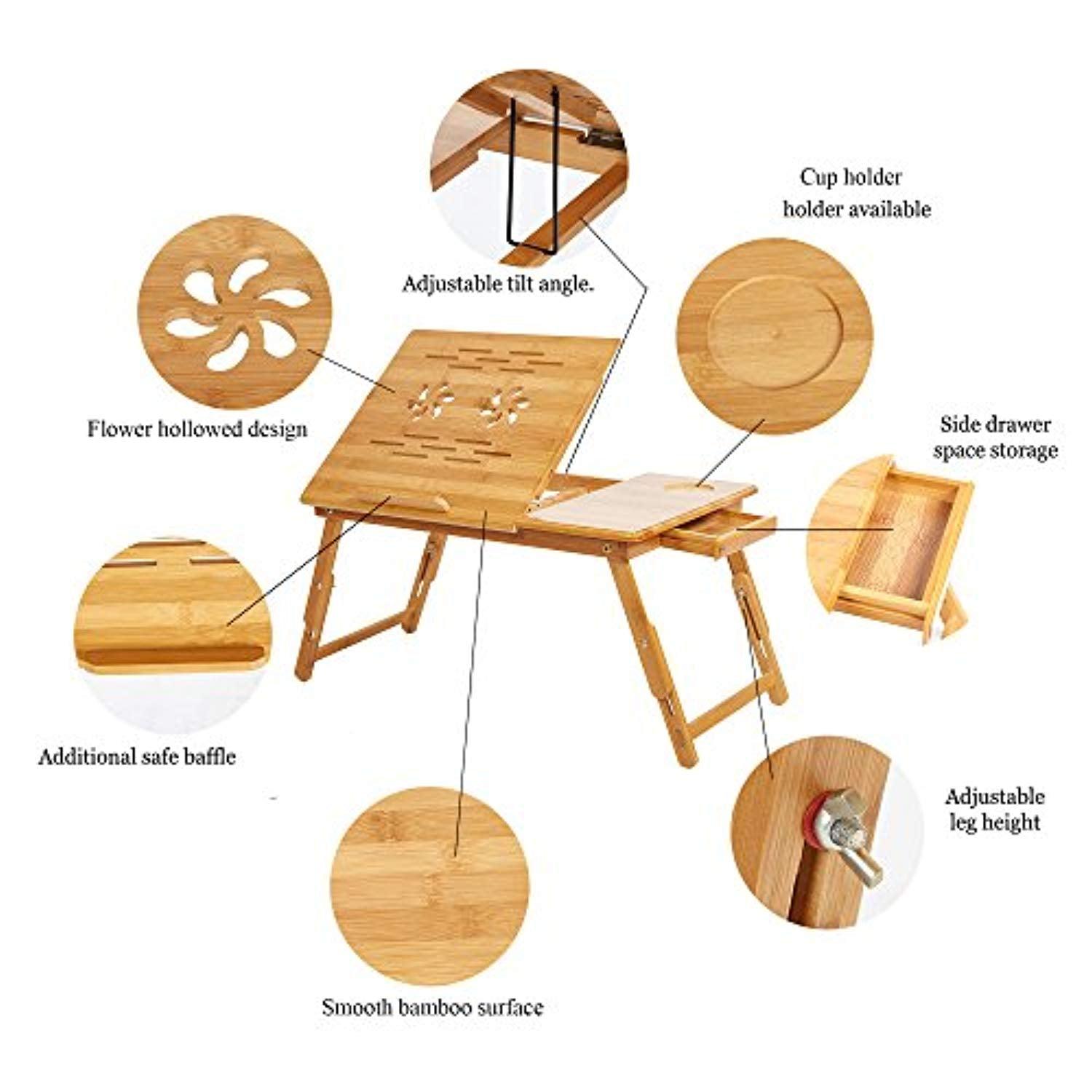 Bosonshop Adjustable Bamboo Laptop Desk Foldable Breakfast Table with Tilting Top Drawer,Eco Friendly