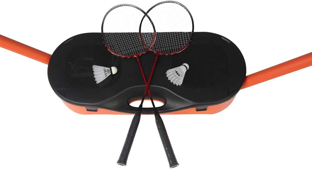 Portable Badminton Net Set Storage Box Base with 2 Battledores 2 Shuttlecocks Large, Orange