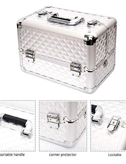 Professional Makeup Train Case with 4 Sliding Trays and Adjustable Dividers with 2 Lock&Keys,Silver