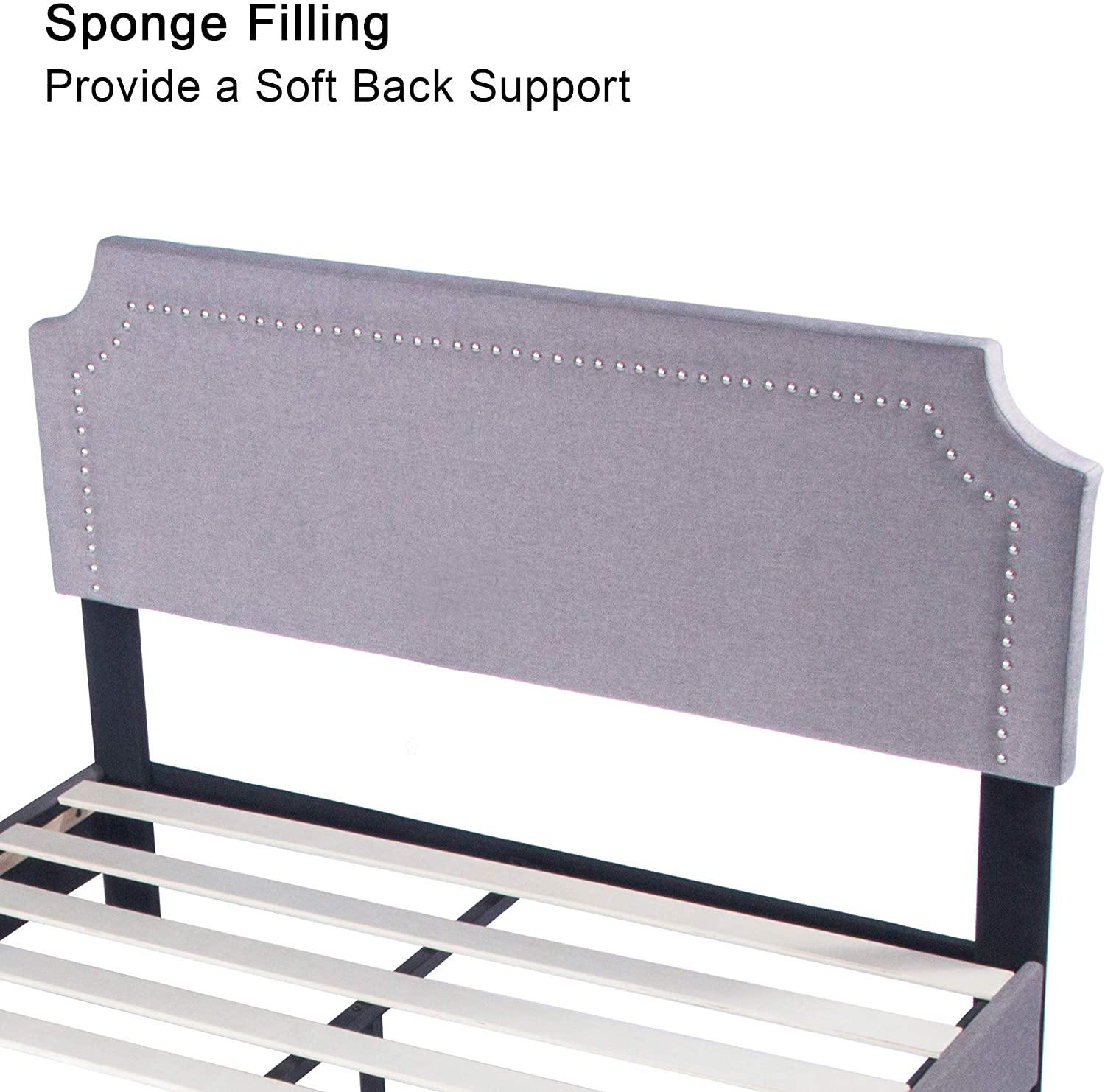 60" Platform Bed Frame Queen Upholstered Headboard Wood Slat Support Metal Frame Heavy Duty Bed Frame for Bedroom - Bosonshop