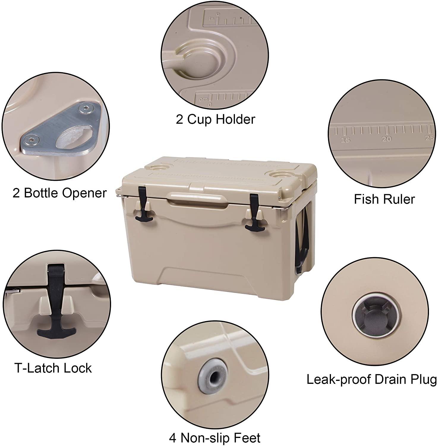 Rotomolded Cooler, 50QT Tan Cooler with Built-in Cup Holder, Bottle Openers, and Fish Ruler - Bosonshop