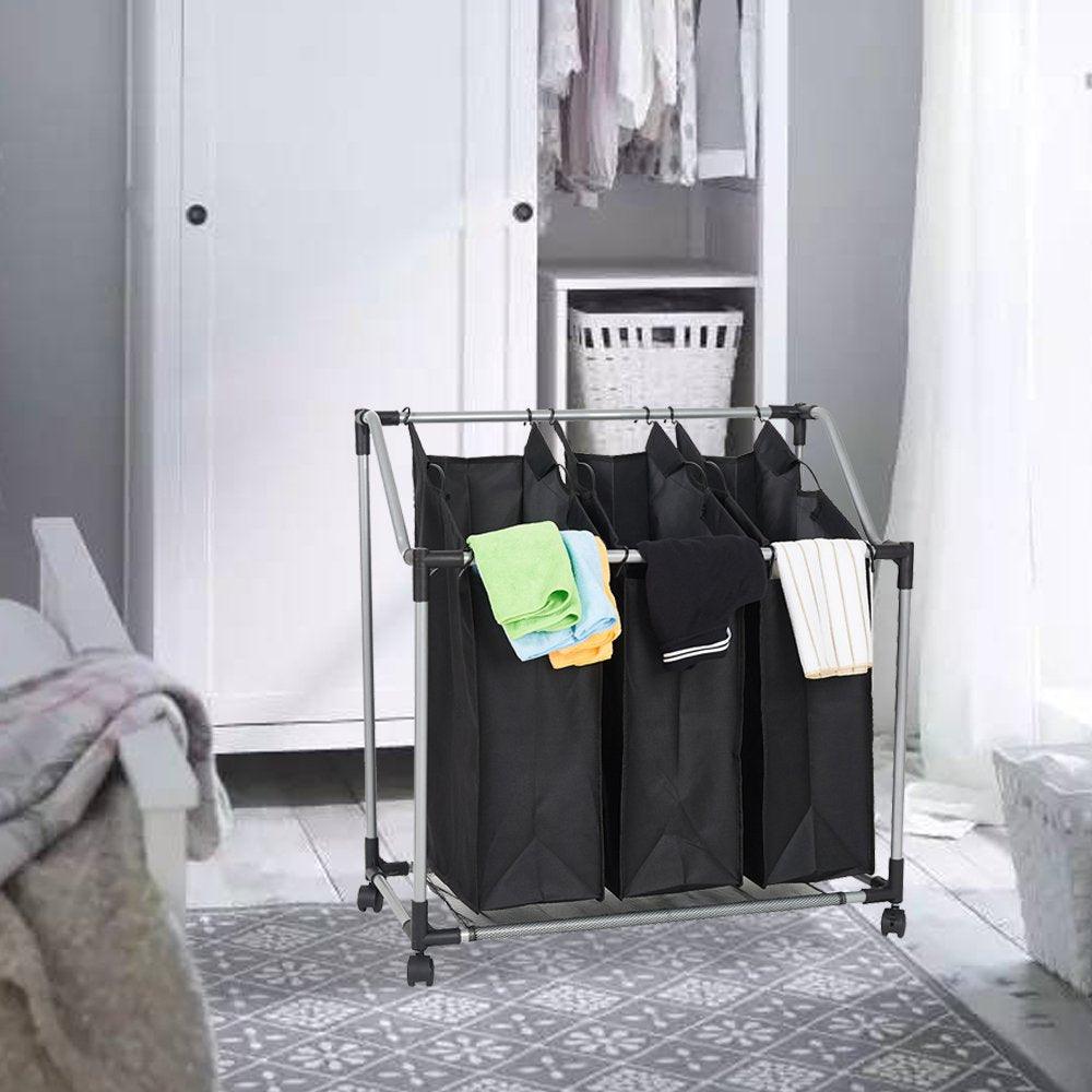 Bosonshop Heavy-Duty 3-Bag Rolling Laundry Sorter Storage Cart, Bag Laundry Organizer with Wheels（Black）