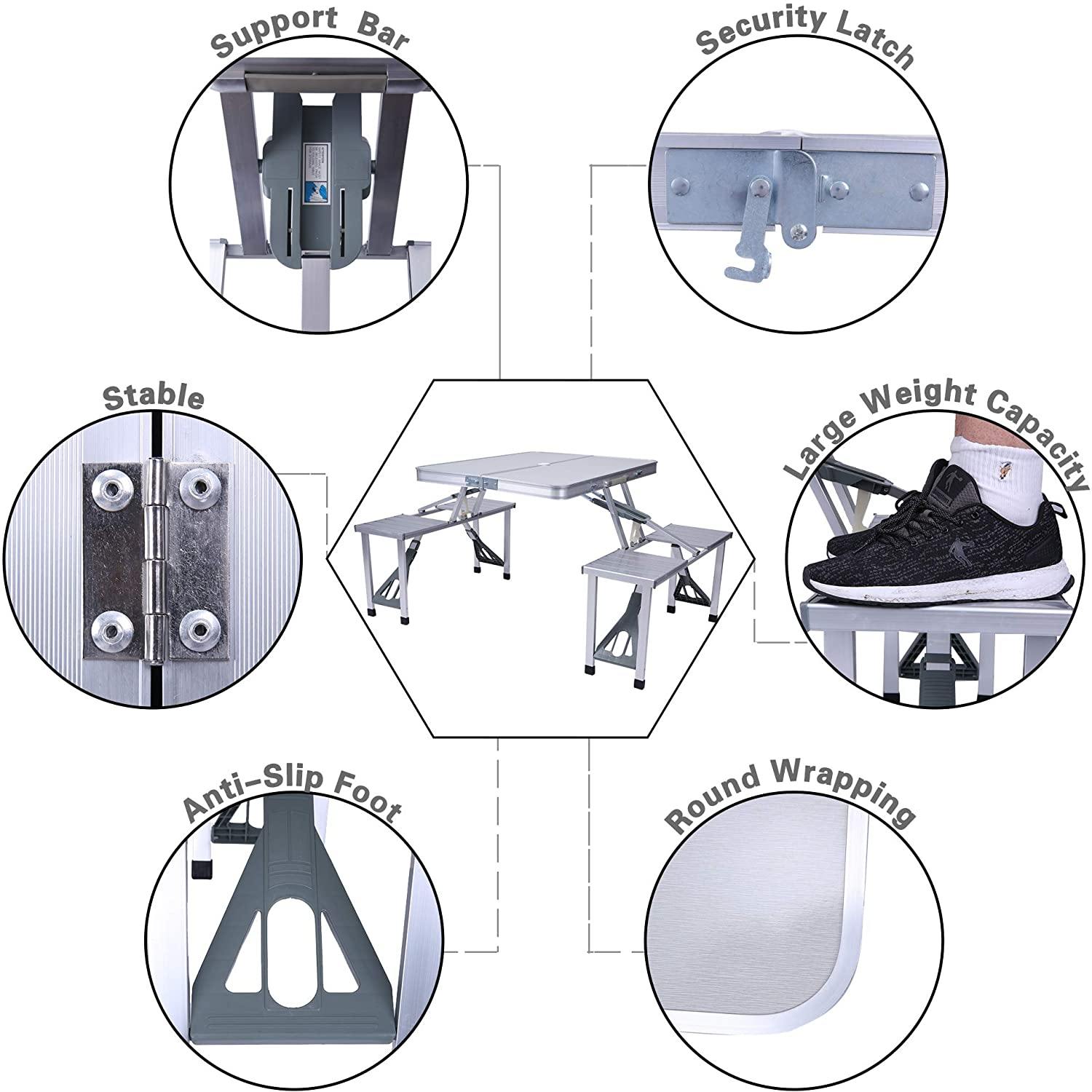 Picnic Table Portable Folding Camping Table Chair Set for Camping Hiking 4 Person Fold Up Travel Picnic Table with Seats Chairs and Umbrella Hole - Bosonshop