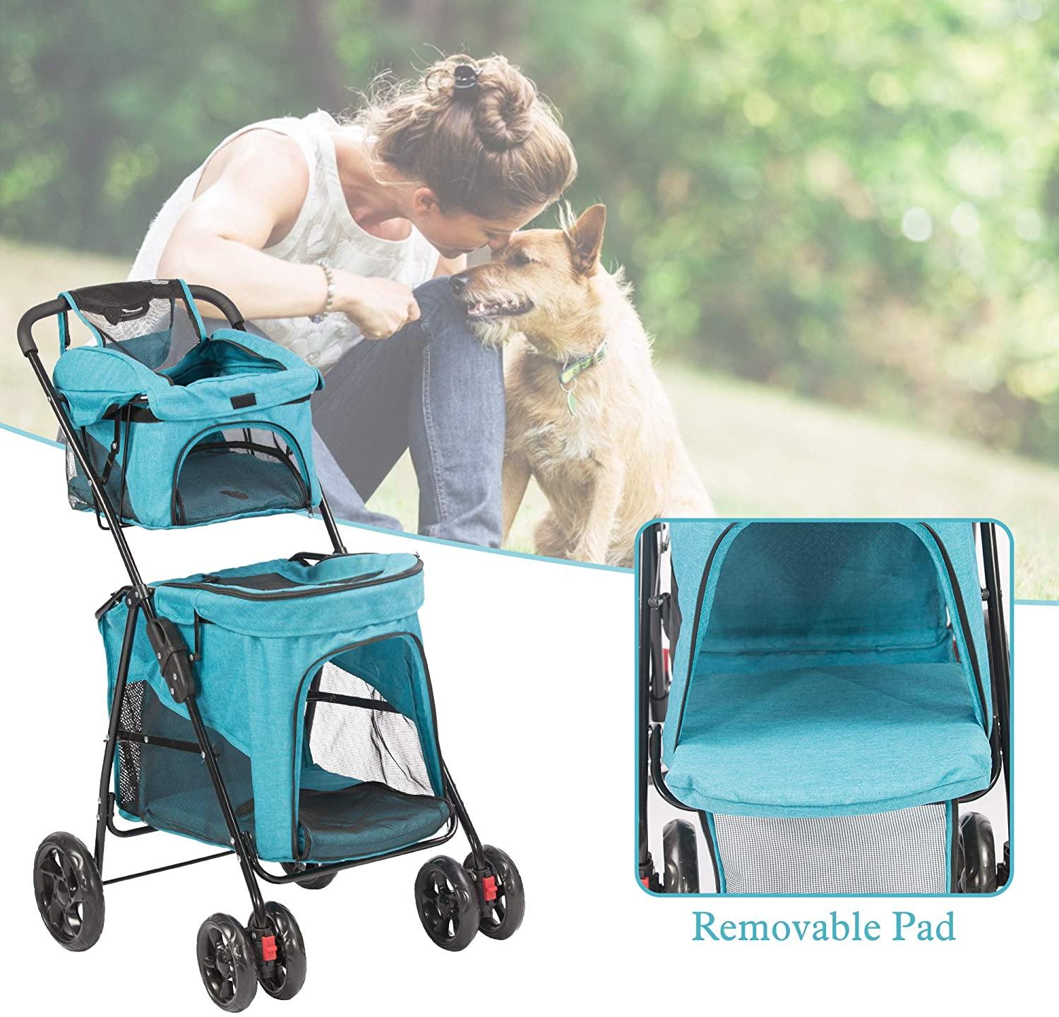 Portable Folding Dog Stroller Travel Cage Stroller for Pet Cat Kitten Puppy Carriages - Large 4 Wheels Elite Jogger - Bosonshop