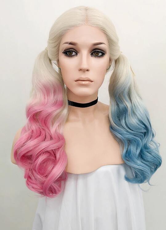 Wavy Blonde Harley Quinn Synthetic Pink Blue Ponytail Lace Front Wig - Bosonshop