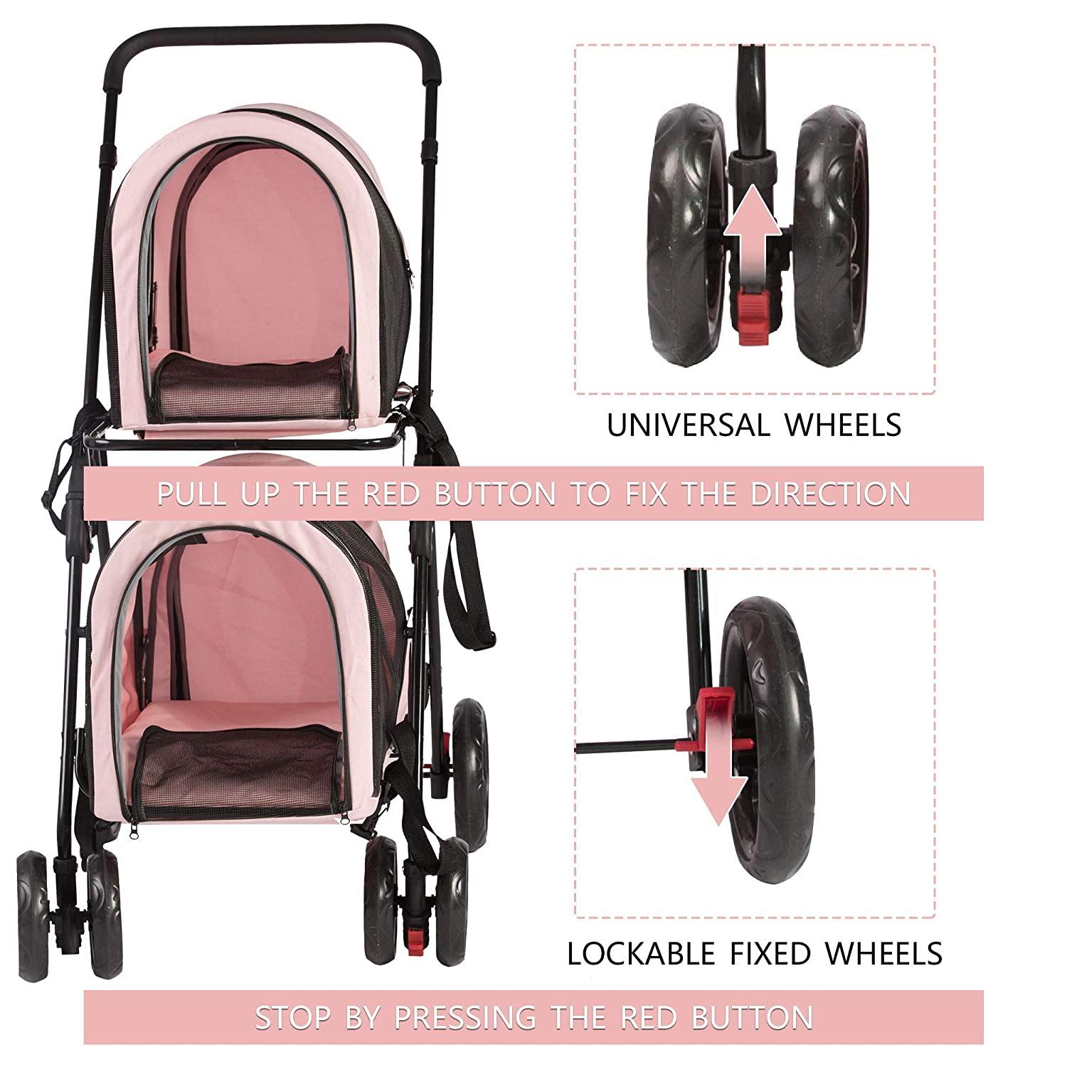 Foldable Pet Stroller, Double Decker Stroller Folding Portable Jogging Travel Carrier Cage for Small Medium Dogs and Cats (Pink) - Bosonshop