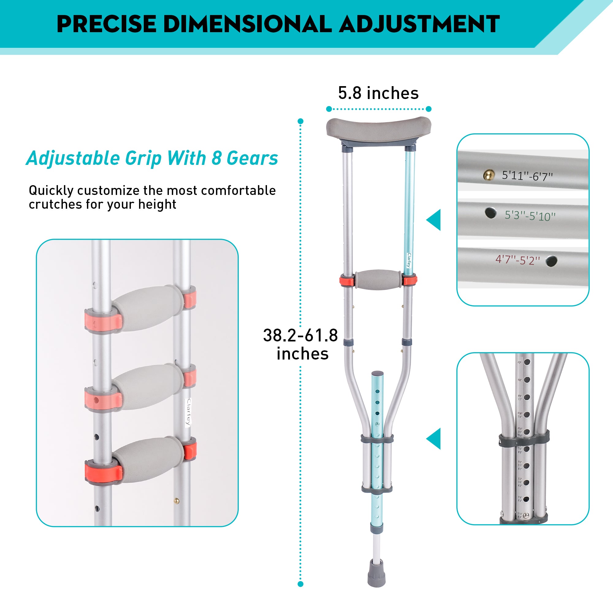 1 Pair Lightweight Adjustable Underarm Crutches with Underarm Pads Folding Aluminum, 8 Adjustable Height for 4'7" to 6'7"
