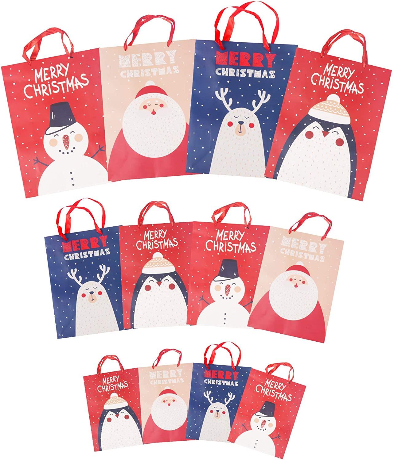 12 Pack Assorted Christmas Gift Bags with Small Medium Large Size, 4 Xmas Pattern Holiday Gift Bags with Tissue Paper, Colorful with Glitter - Bosonshop