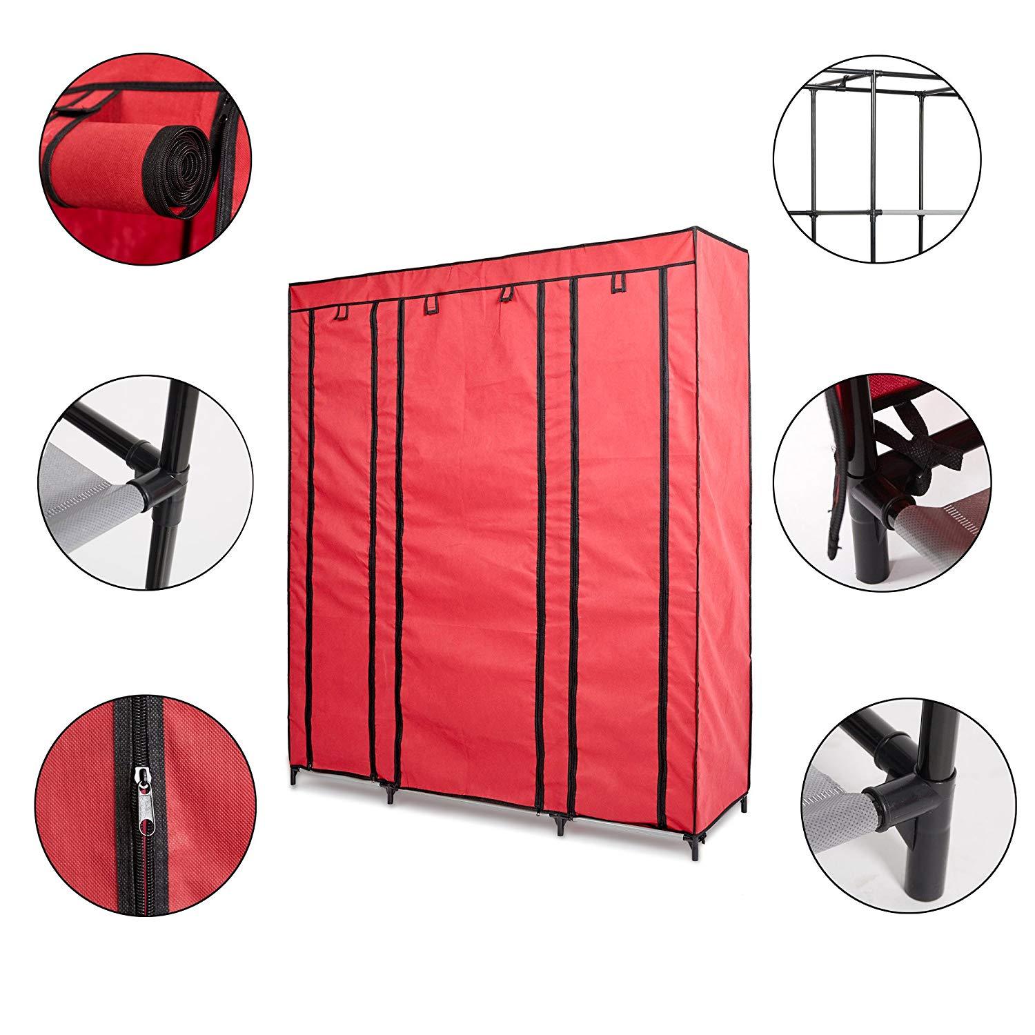 Bosonshop 59" Clothes Closet Portable Storage Organizer with Hanging Rod, Nonwoven Fabric, 12 Storage Shelves-Red