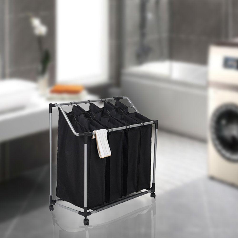 Bosonshop Heavy-Duty 4-Bag Rolling Laundry Sorter Storage Cart, Bag Laundry Organizer with Wheels（Black）