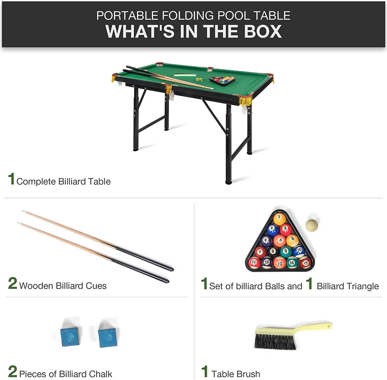 47" Folding Portable Billiard Table for Kids and Family - Pool Game Table with Cues, Balls, Chalk, Cleaning Brush, Tripod - Home or Office Play Fun - Bosonshop
