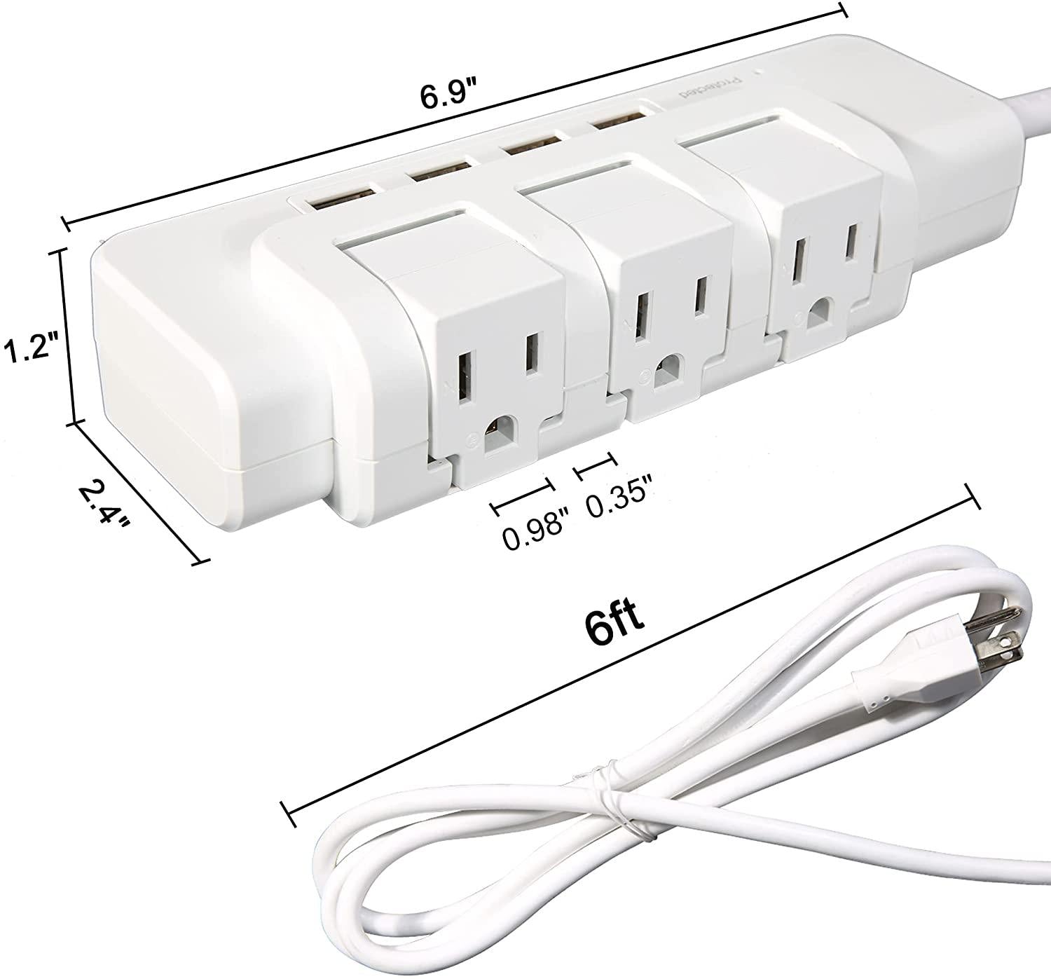 3 Outlets Extender Rotating Power Strip Surge Protector with 4 USB Ports and 6ft Heavy Duty Extension Cord Wall Mount for Home Office - Bosonshop