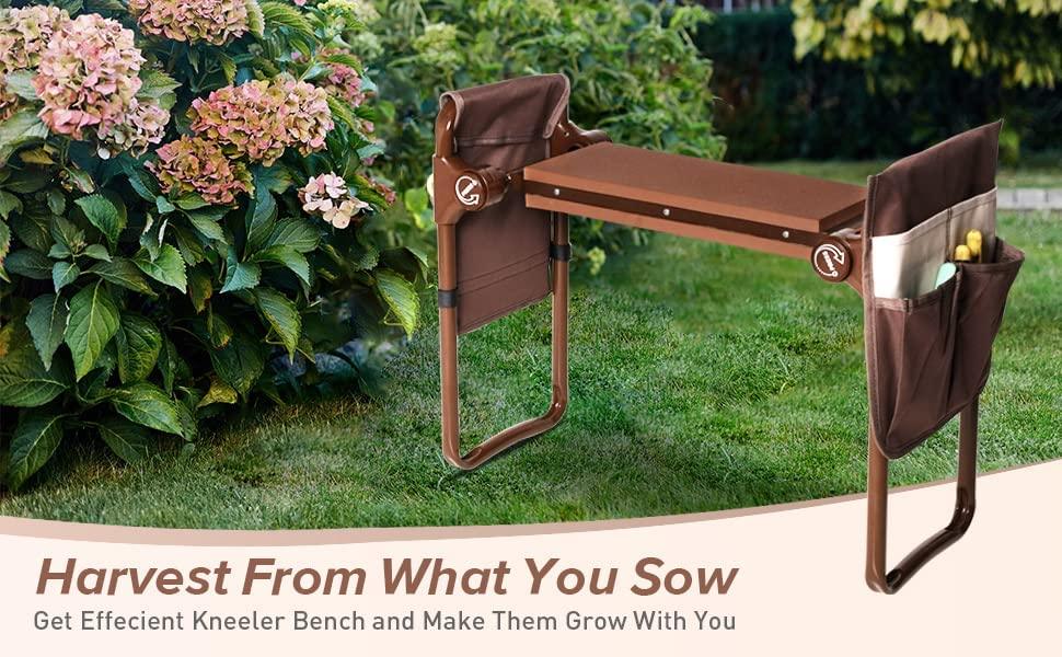 Widen Garden Kneeler Seat Bench Folding Garden Workseat with EVA Foam Pad and Dual Pouch, Brown