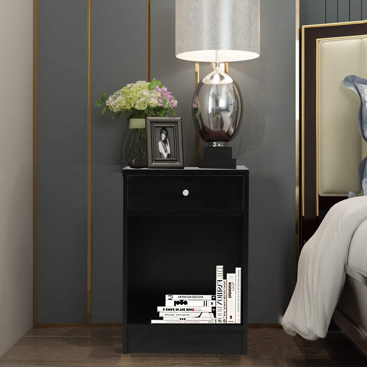 Modern Nightstand Bedside Table with Drawer and Cabinet Organizer for Storage Bedroom Living Room (Black) - Bosonshop