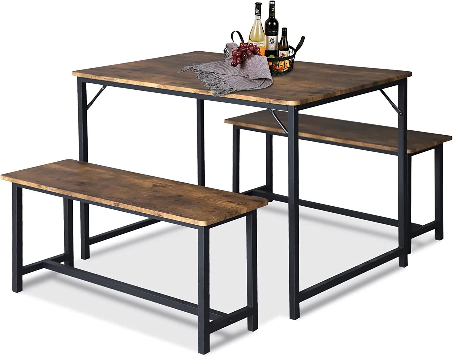 3 Piece Kitchen Table Set with 2 Benches, Wood Dining Table Set for 4 Space-Saving Dinette for Kitchen, Rustic Brown - Bosonshop