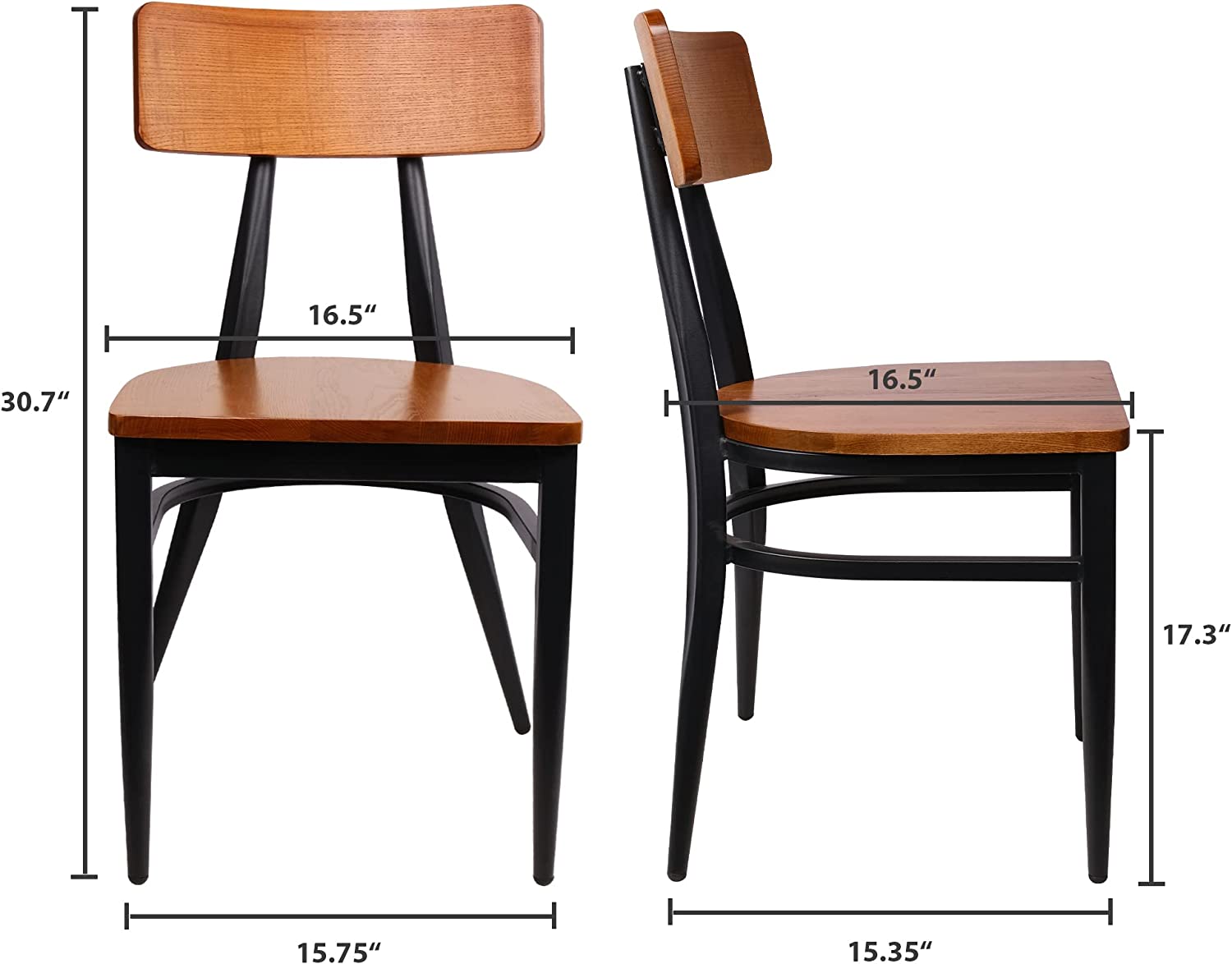 Modern Industrial Kitchen Dining Chairs Set of 2 with Solid Wooden Seat & Metal Legs