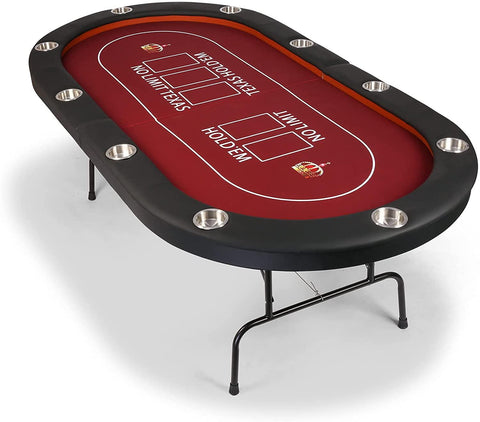 10 Players Folding Casart Poker Table Card Game Table with Metal Frame and 10 Cup Holders, Red - Bosonshop