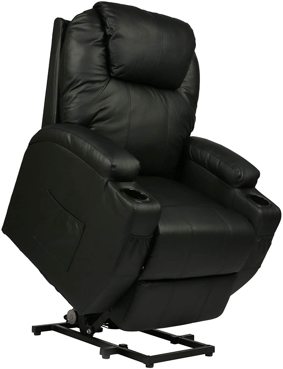 Single Recliner Chair with Massage & Heating Ergonomic Lounge Massage Sofa Power Lift with 2 Cup Holder Home Theater Seat, PU Leather, Black - Bosonshop