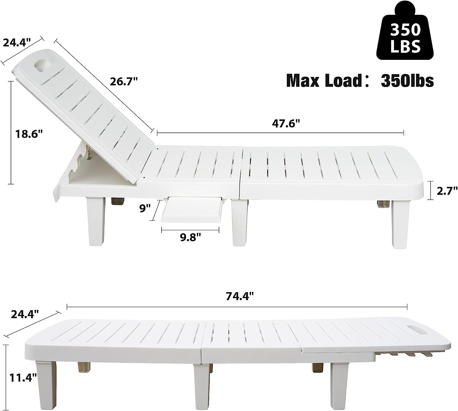 Chaise Lounge Chair Patio Polypropylene Sunbathing Chair with 4 Level Adjustable Backrest & Hide Cup Holder, White