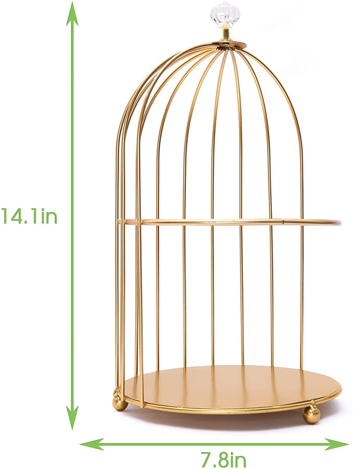 2-Tier Dessert Cupcake Stand Bird Cage Shaped Cake Stands Jewelry Display Holder Dessert Cupcake Stand Desktop Makeup Organizer Rack, Golden - Bosonshop