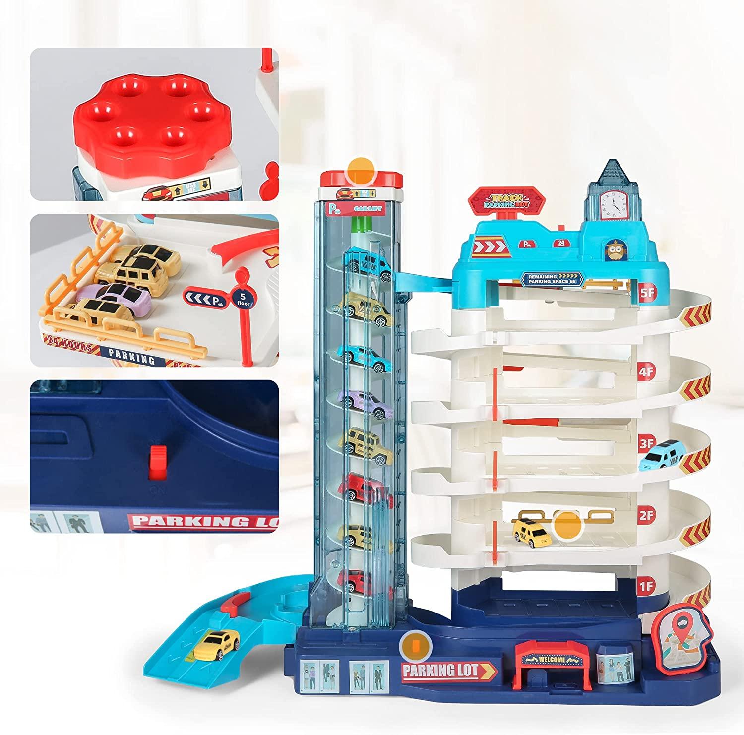5-Level Parking Garage Toy Play Set - Kids Electric & Manual Car Track Set with 8 Cars and 1 Road Map - Toddlers Parking Lot Toys for 3+ Years Old - Bosonshop