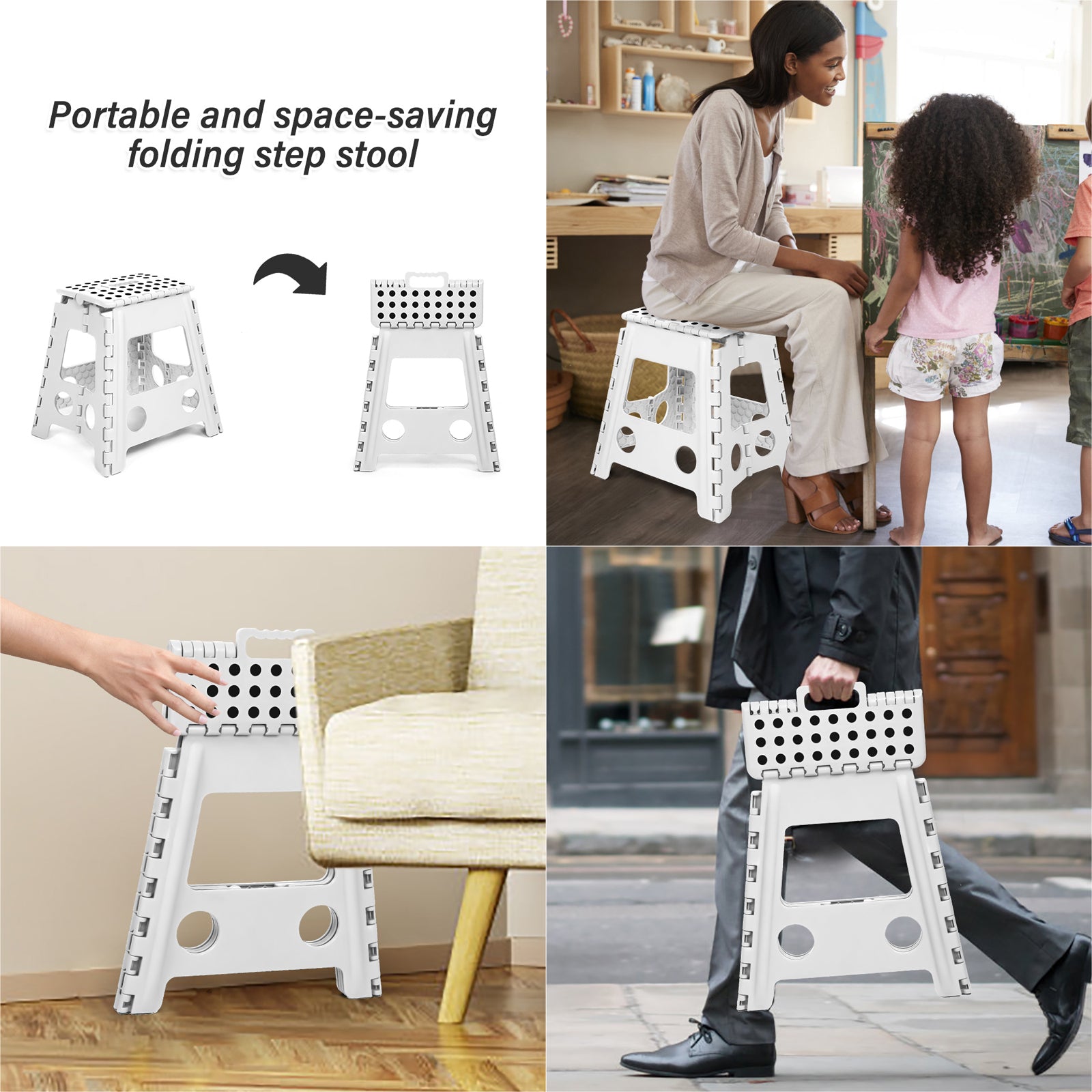 2 Pack Folding Step Stool with Portable Carrying Handle Safe Enough, White