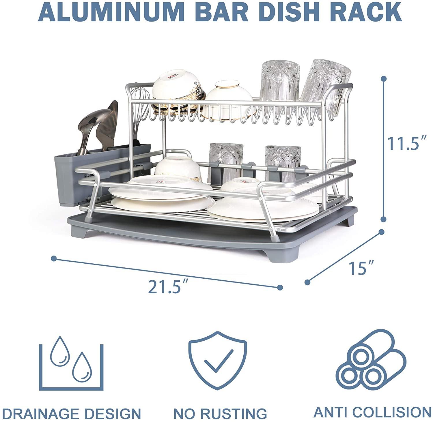 Dish Drying Rack with 360° Swivel Drain Board and Drain Spout, Grey - Bosonshop