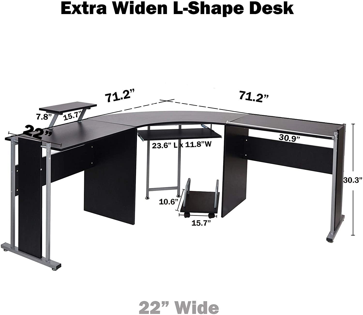 71" L-Shaped Gaming Desk -Large Desktop 22” Wide Wood Curved Corner Office , Black - Bosonshop