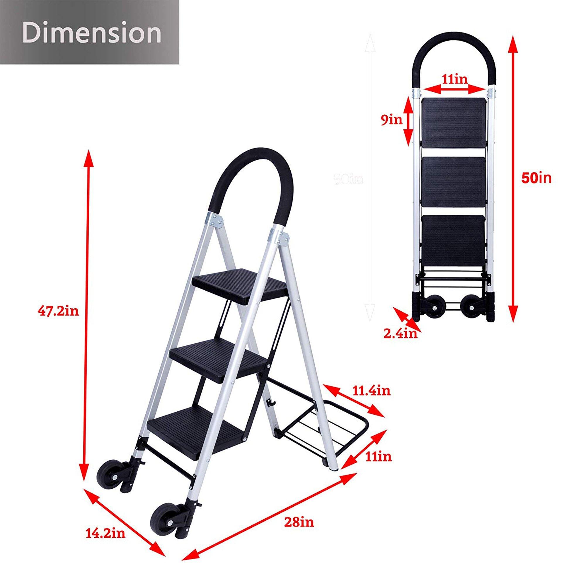 3 Step Ladder Folding Hand Truck 2 in 1 Convertible Aluminum Ladders with Wheels for Home Office - Bosonshop