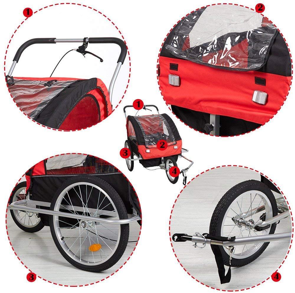 Double Child Kids Bike Trailer Bicycle Carrier 2-Seater Baby Stroller Jogger for Outdoor Travel Walking Cycling, 2-in-1, Red - Bosonshop