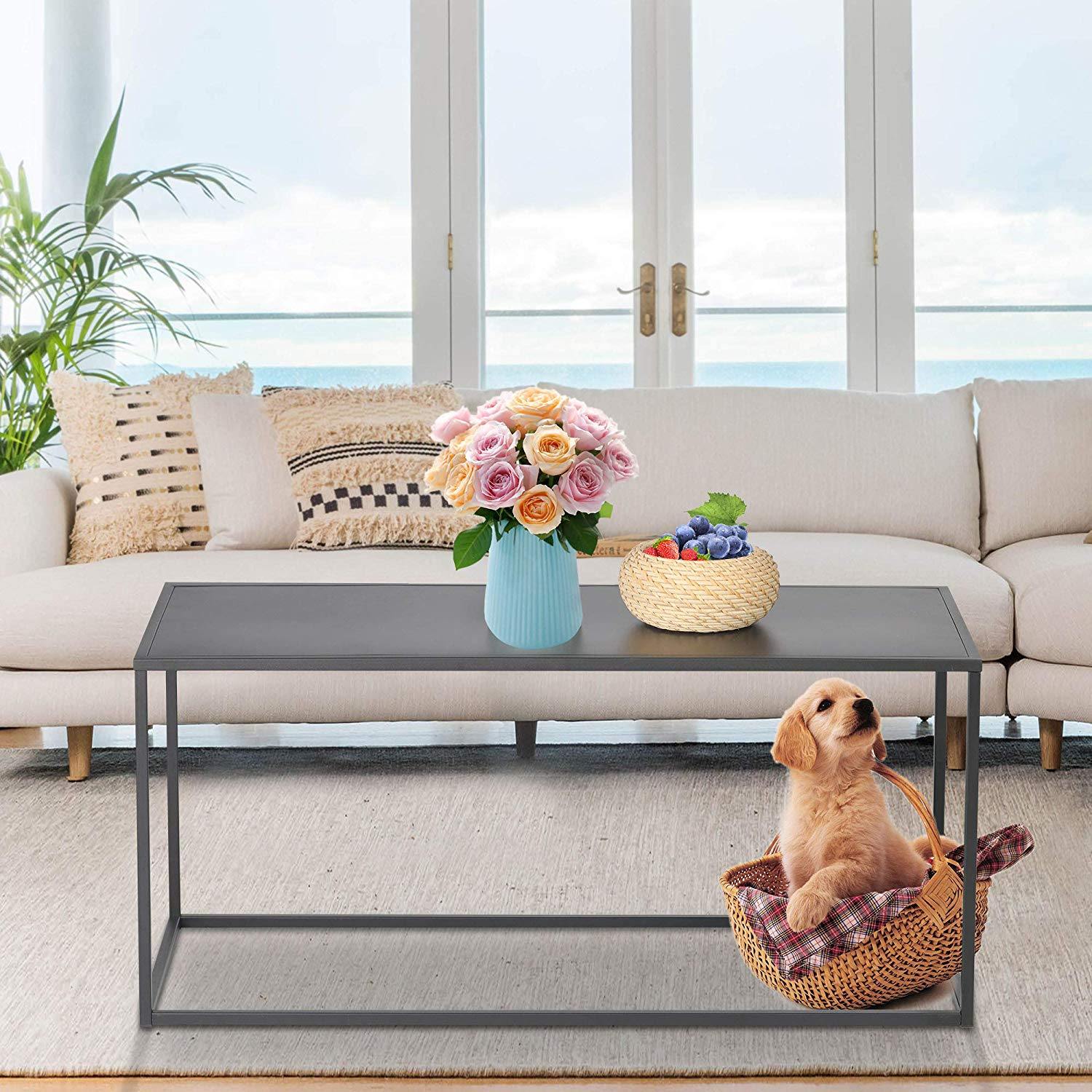 Simple Coffee Table with Anti-Scratch Design Premium Rust Resistant Industrial Cocktail Table for Living Room Black - Bosonshop