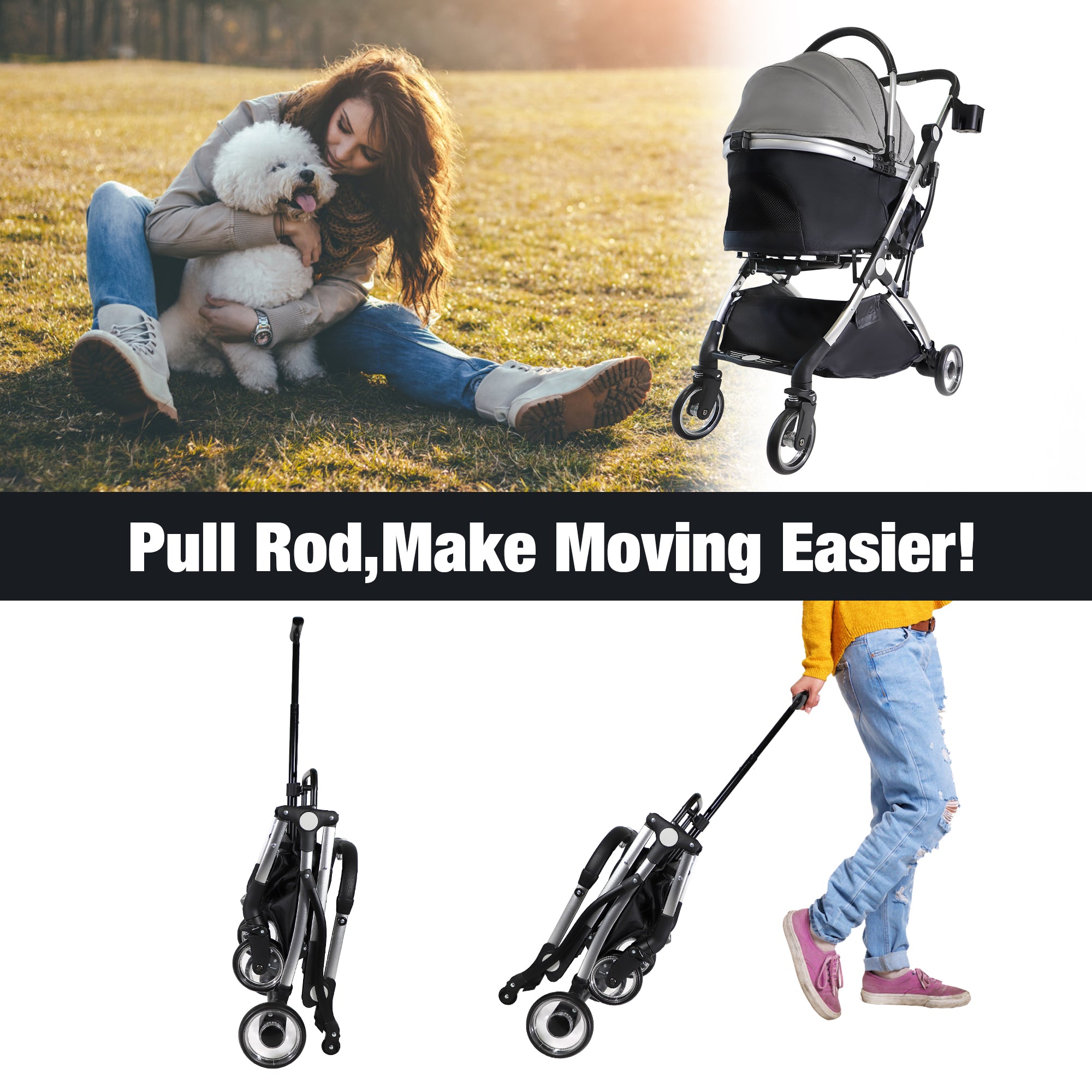 Foldable Pet Stroller 3 in 1 Design Detachable Carrier Telescopic Handle Aluminum Alloy Frame Up to 33 lbs Capacity Gray