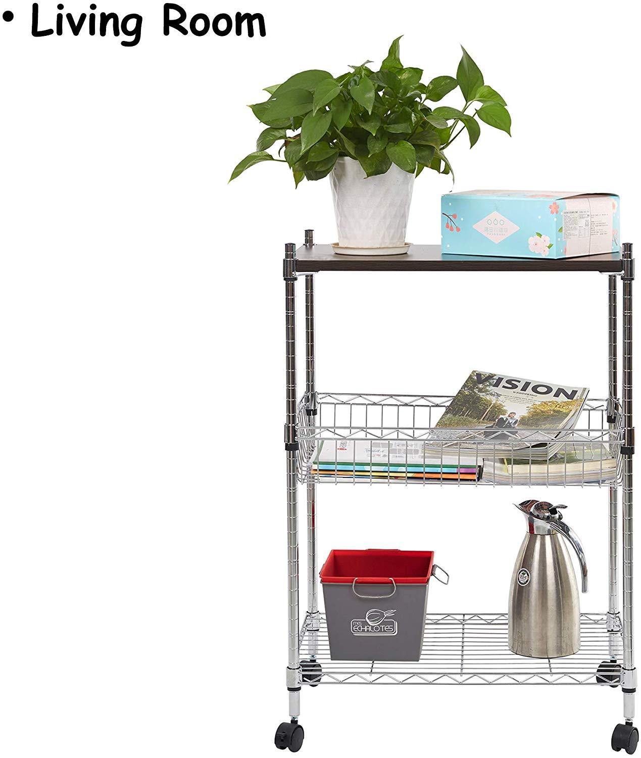 3-Tier Wire Rolling Cart Kitchen Shelf Organizer Rack with Chopping Board and Wheels Shelving Unit Storage Cart - Bosonshop