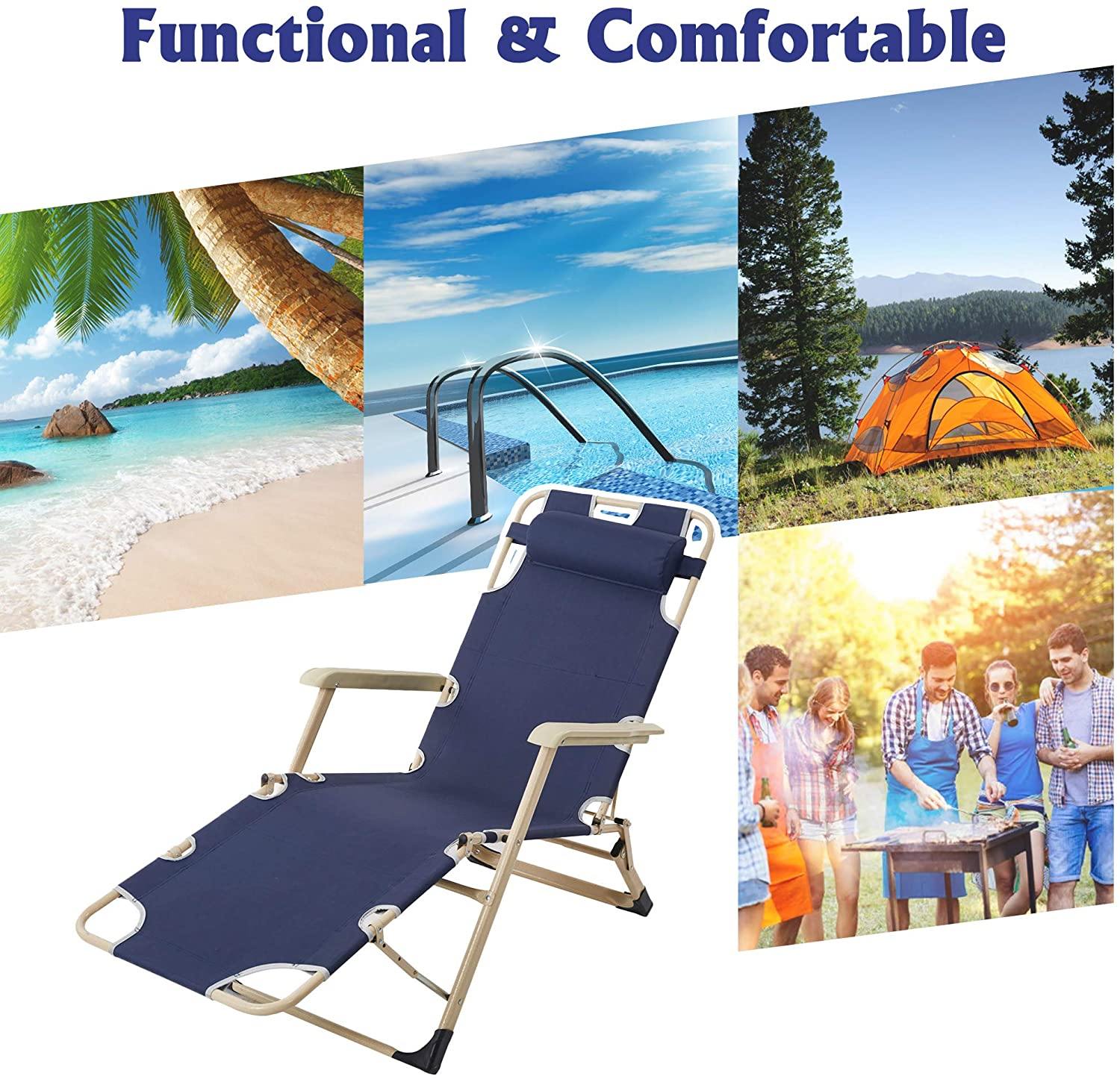 Set of 2 Heavy Duty Lounge Chairs and Full Flat Cot 2 Positions, Folding Reclining Chairs for Outdoor Beach Pool Camping, Blue, 70"L X 20.5"W - Bosonshop