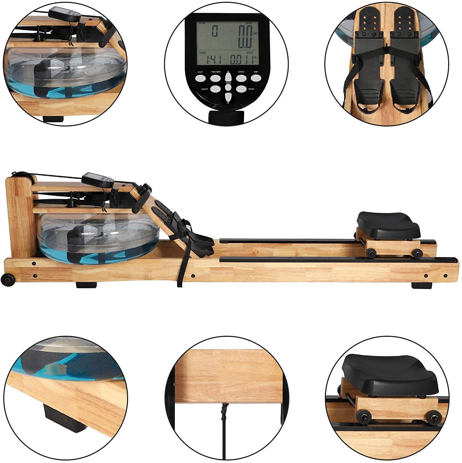 Water Rowing Machine Wooden Indoor Rower Machine with LCD Monitor for Home Full Body Exercise - Bosonshop