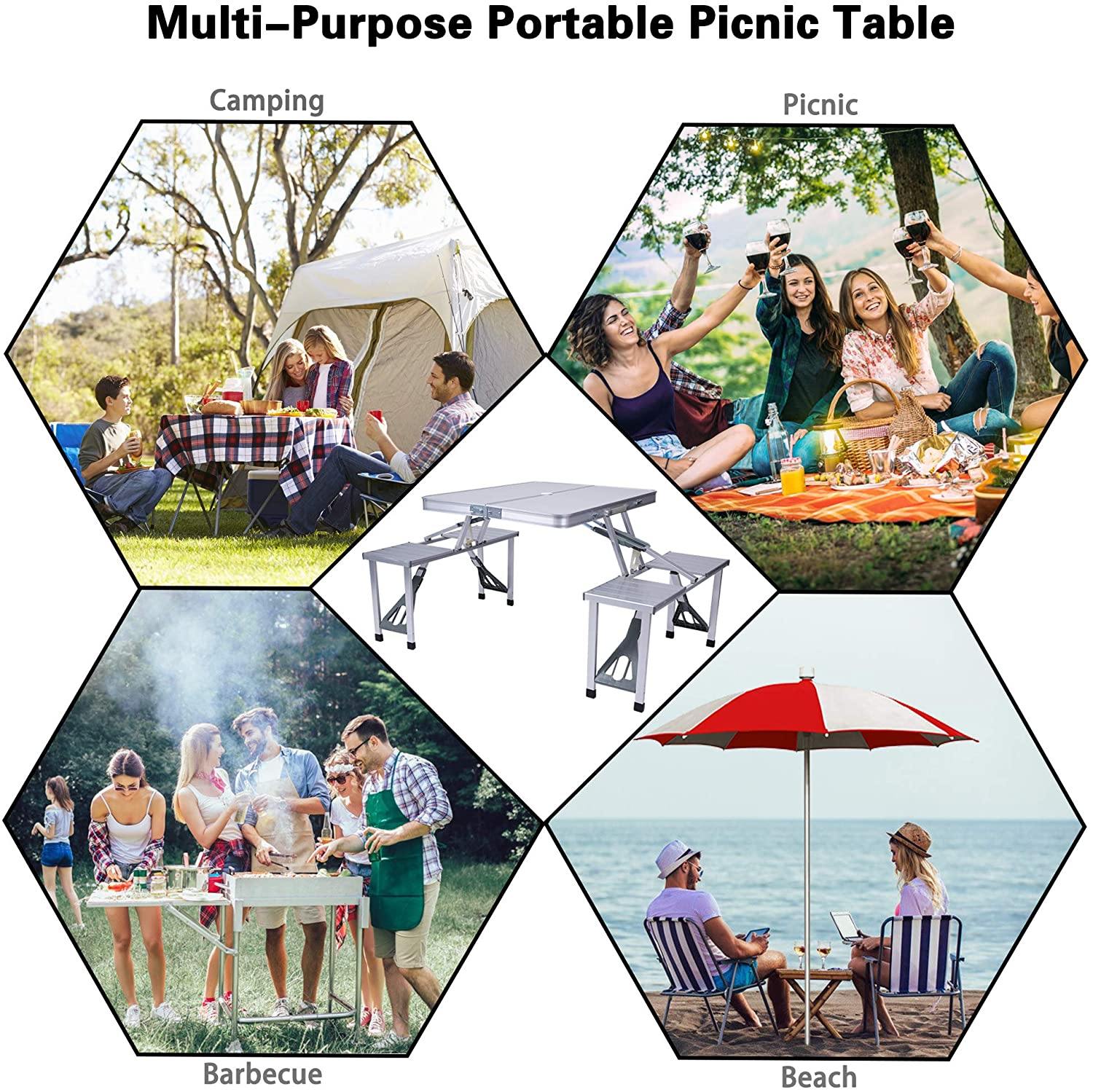 Picnic Table Portable Folding Camping Table Chair Set for Camping Hiking 4 Person Fold Up Travel Picnic Table with Seats Chairs and Umbrella Hole - Bosonshop
