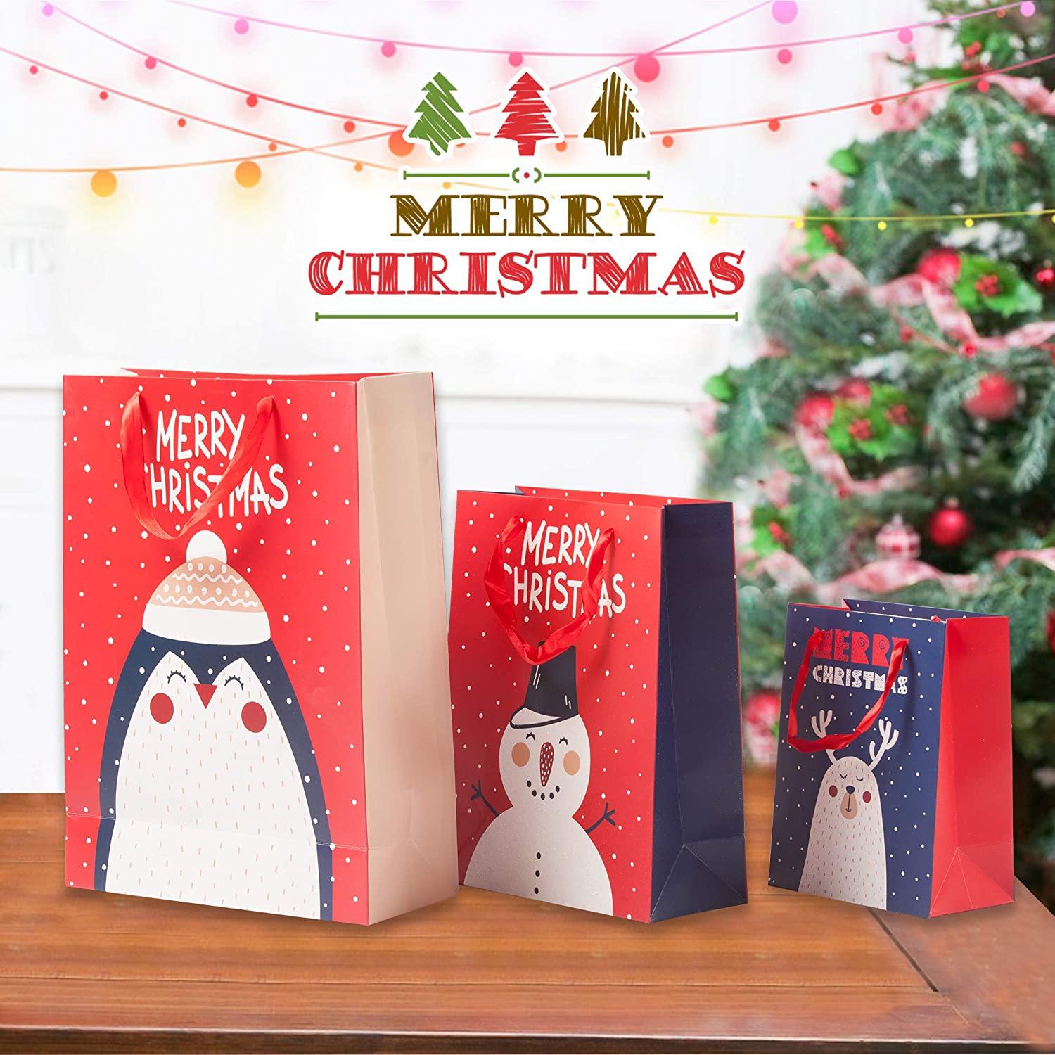 12 Pack Assorted Christmas Gift Bags with Small Medium Large Size, 4 Xmas Pattern Holiday Gift Bags with Tissue Paper, Colorful with Glitter - Bosonshop