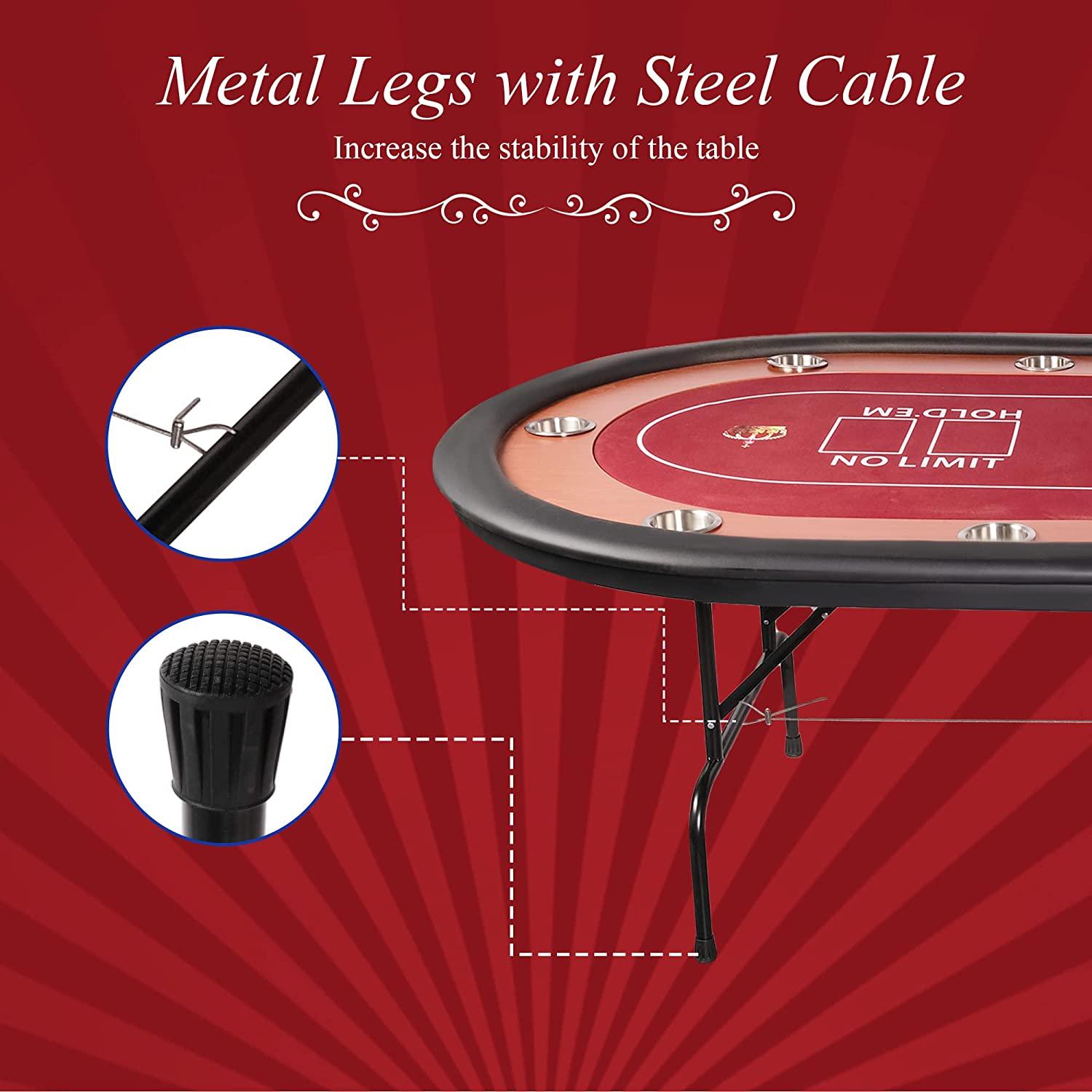 Poker Table Foldable Large 10 Players Casino Table Texas Holdem  Red Felt Surface With 10 Stainless Steel Cup Holders & Padded Poker Table