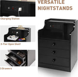 Nightstand with USB Charging Station Bedside Table 3 Drawers Storage Drawer End Side Table with Storage Wood Accent Table (Black 3 Drawers 2PC)