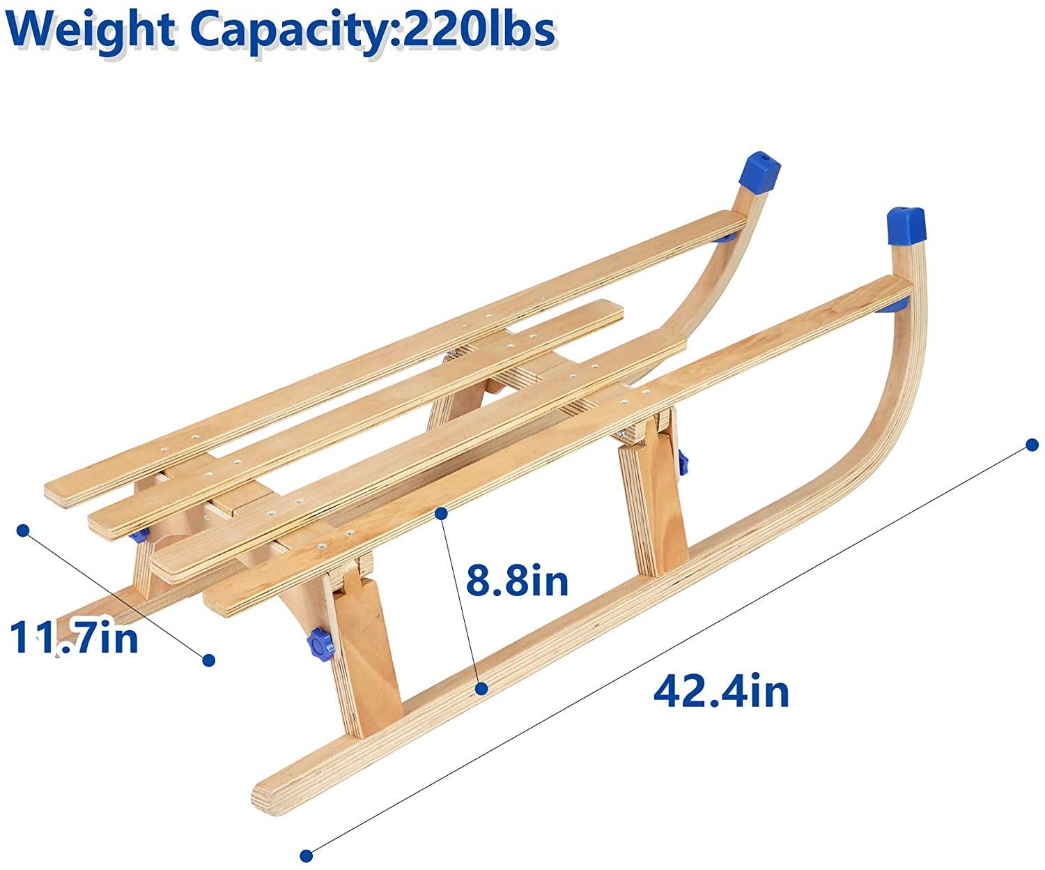 Sled Wooden Foldable For Kids And Adult Outdoor Play With A Pulling Rope 42 inch Weight Capacity With Blue Bracket, 220lbs - Bosonshop