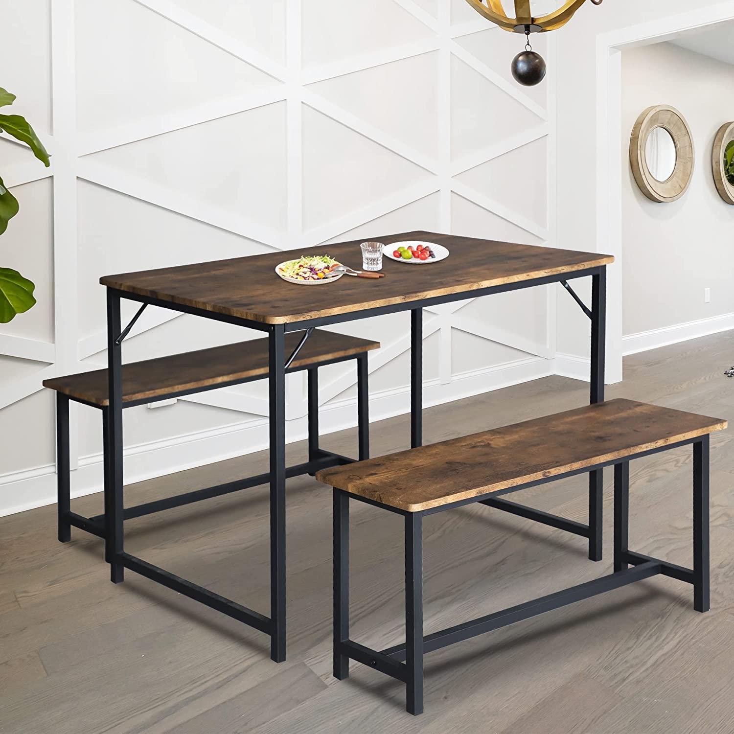 3 Piece Kitchen Table Set with 2 Benches, Wood Dining Table Set for 4 Space-Saving Dinette for Kitchen, Rustic Brown - Bosonshop